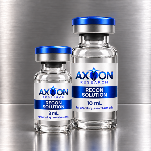 Axion Research Recon Solution 3 mL and 10 mL clear liquid vials with blue lids on a brushed platinum countertop