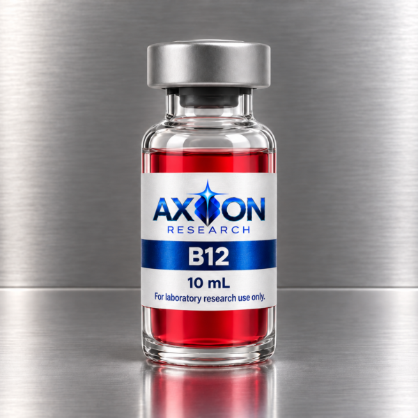 Axion Research B12 10 mL red liquid vial on a brushed platinum countertop