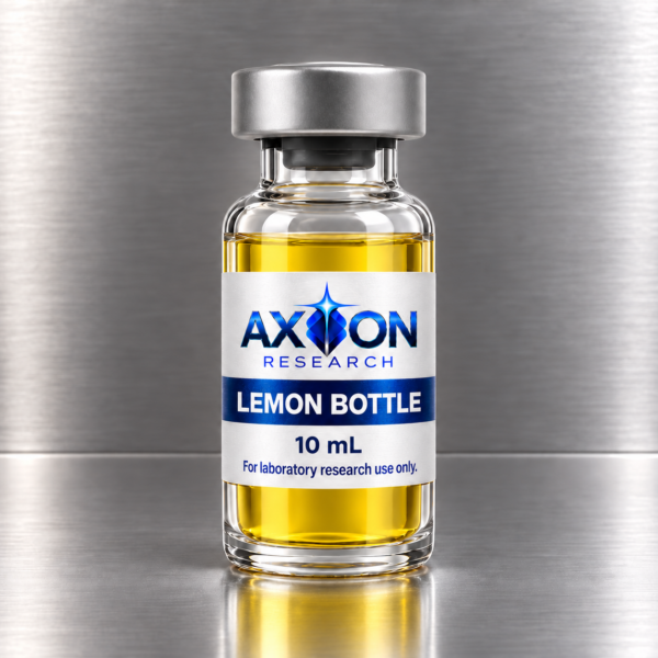 Axion Research Lemon Bottle 10 mL yellow liquid vial on a brushed platinum countertop