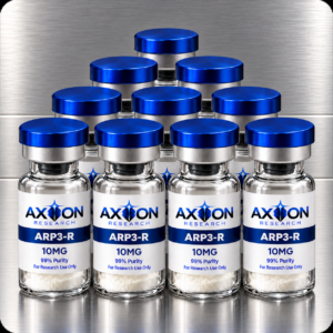 Axion Research ARP3-R 10 mg kit with ten vials arranged on a brushed platinum countertop